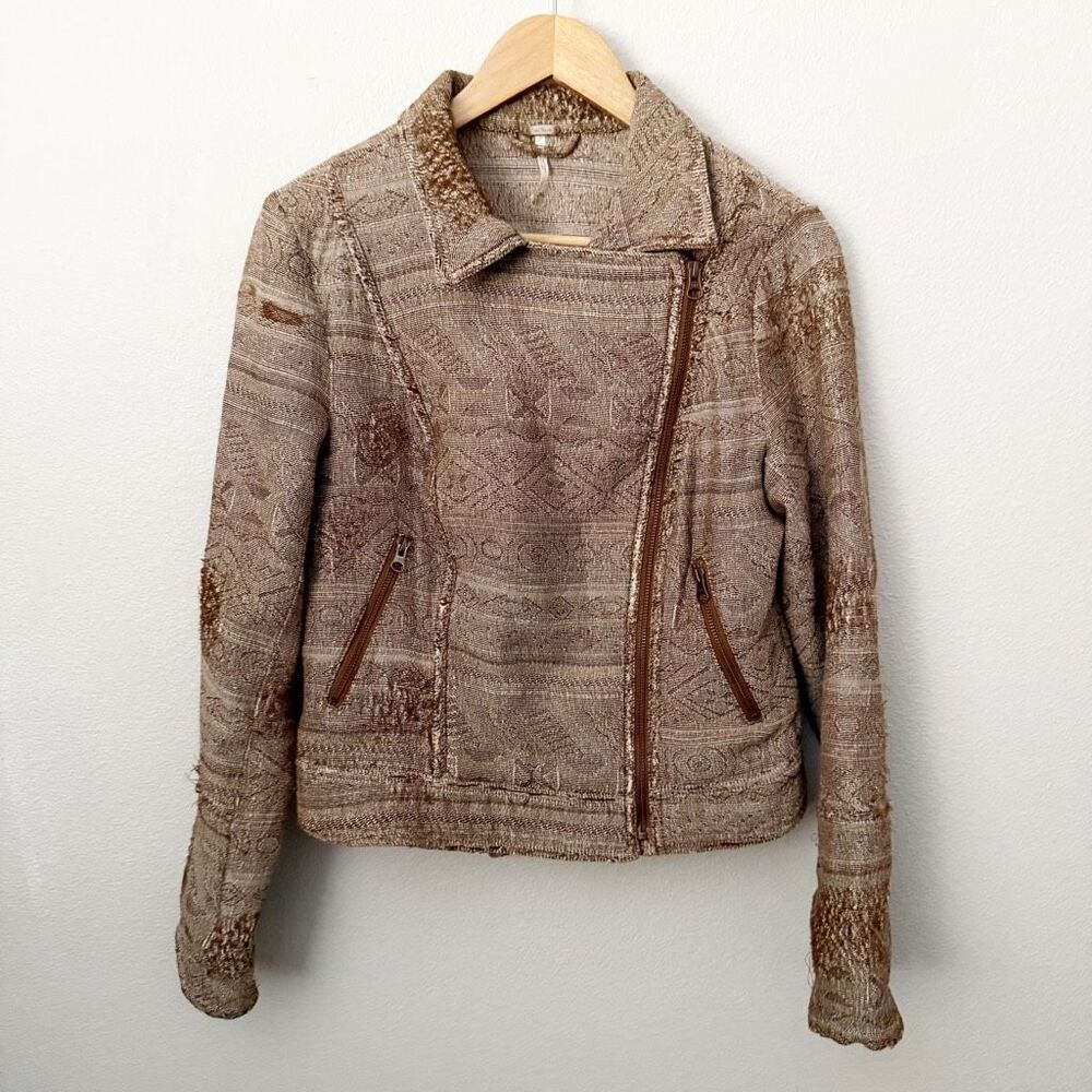 FREE PEOPLE | Brown Tapestry Moto Style Jacket Asymmetrical Zipper | Size 10